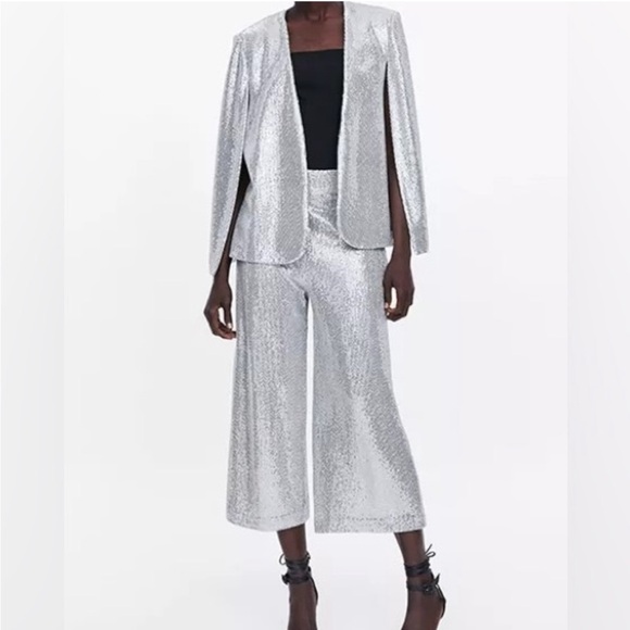 Zara Cape Puncho Blazer Jacket Silver Metallic Sequin NEW - Picture 5 of 13